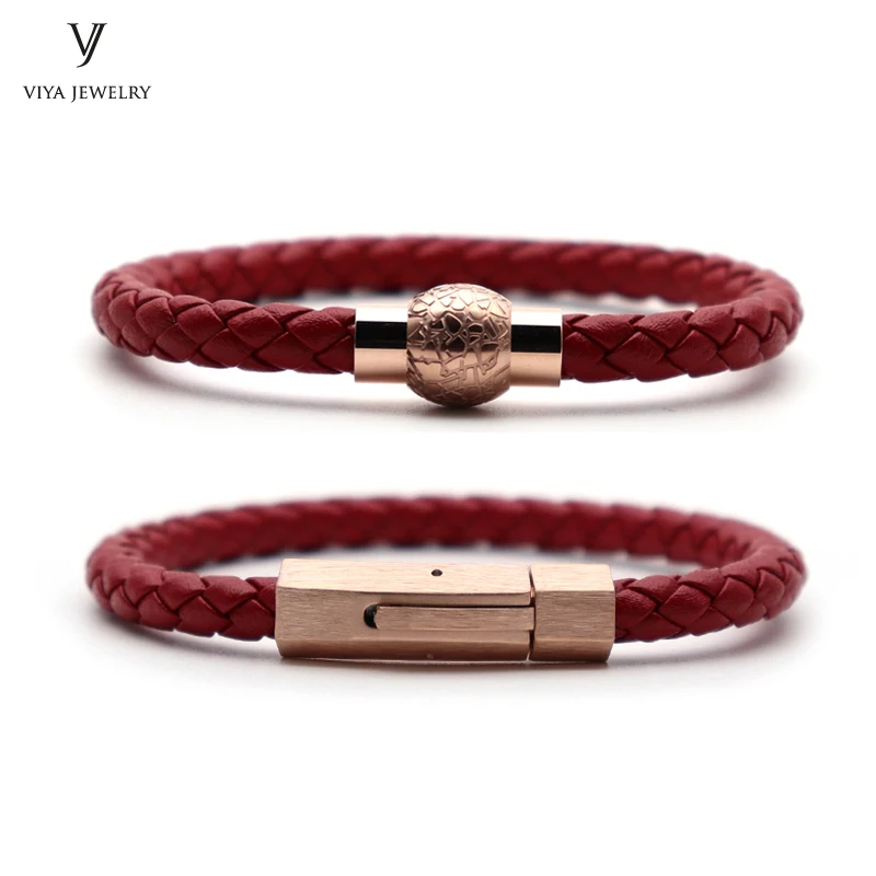 

(2 Pcs ) 6mm Red Cow Braid Leather & Rose Gold Color Magnet Spring Clasp Bracelet High Quality Real Cowhide Leather Bracelets