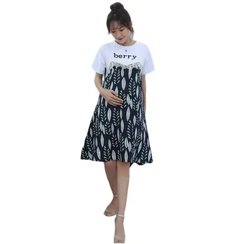 

Summer Casual Travel Lace Maternity Dress loose short sleeve Tops stitching Beach dress maternity dress For pregnant women