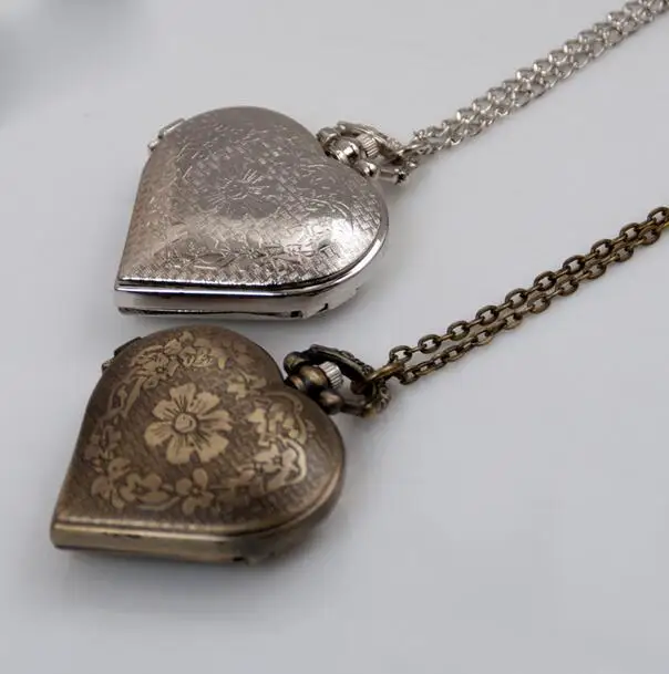 Модные Серебристые Бронзовый Сердце Форма длинные Цепочки и ожерелья подвеска Для женщин девочек Винтаж кварцевые карманные часы полые