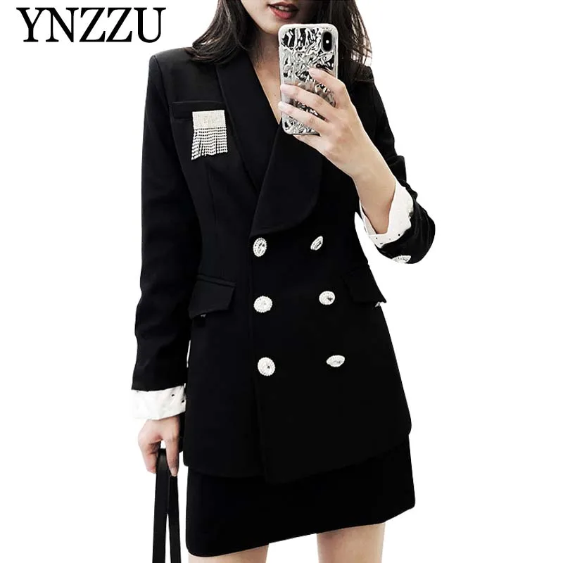 

Vintage Double Breasted Blazer Coat Women 2019 Elegant Rhinestone Mid-Long Slim Office Lady Workwear blazer feminino AO823