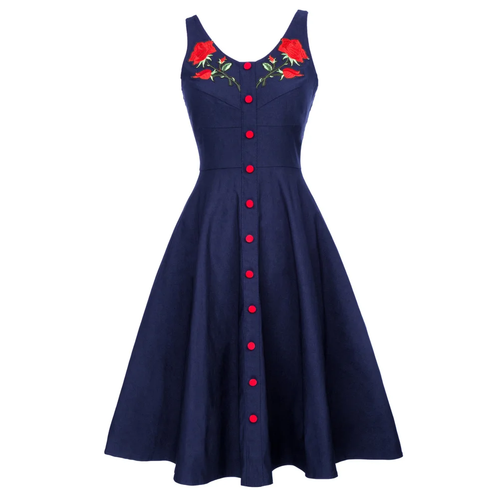 

Vintage Summer Dresses 2018 Rose Embroidery Robe Retro Party Tunic Elegant Sleeveless Women 1950s 60s Swing Rockabilly Dress