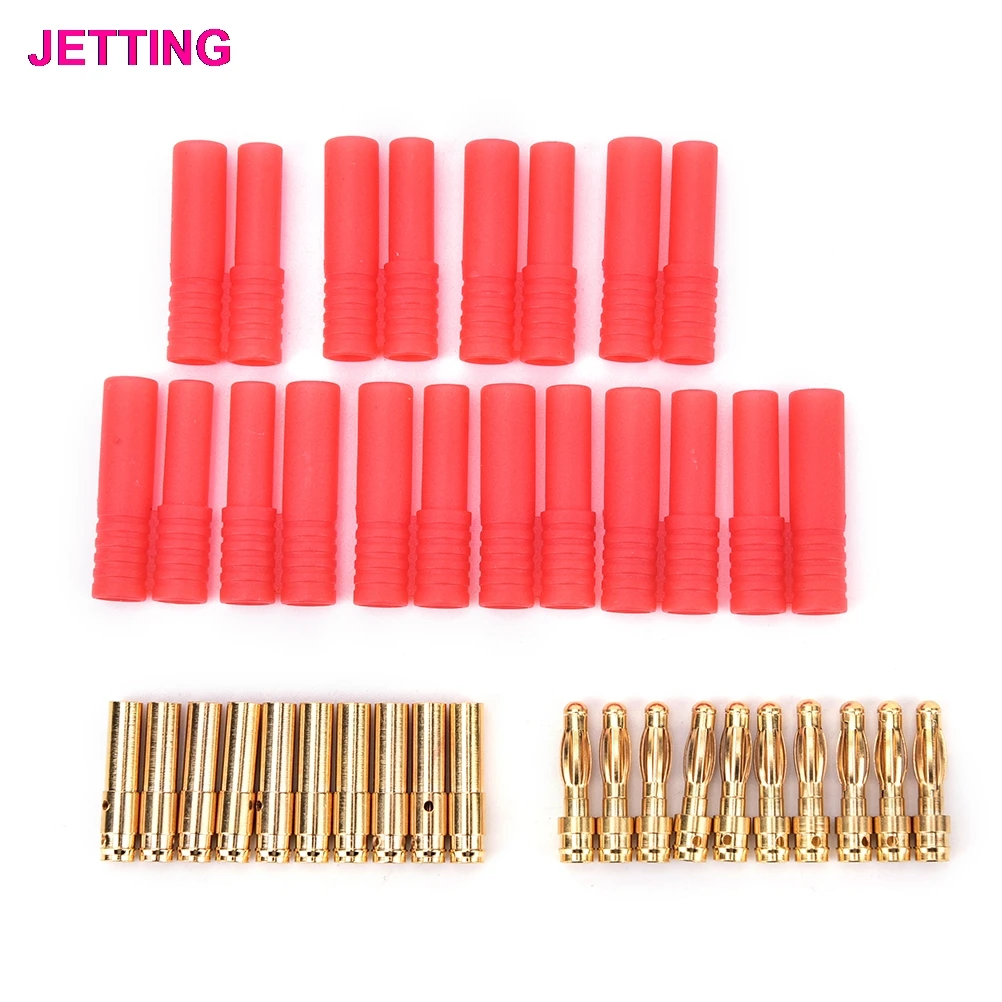 10 Sets Gold Plated Banana Plug  HXT 4mm Banana Plugs with Red Housing for RC Connector Socket AM-1009C