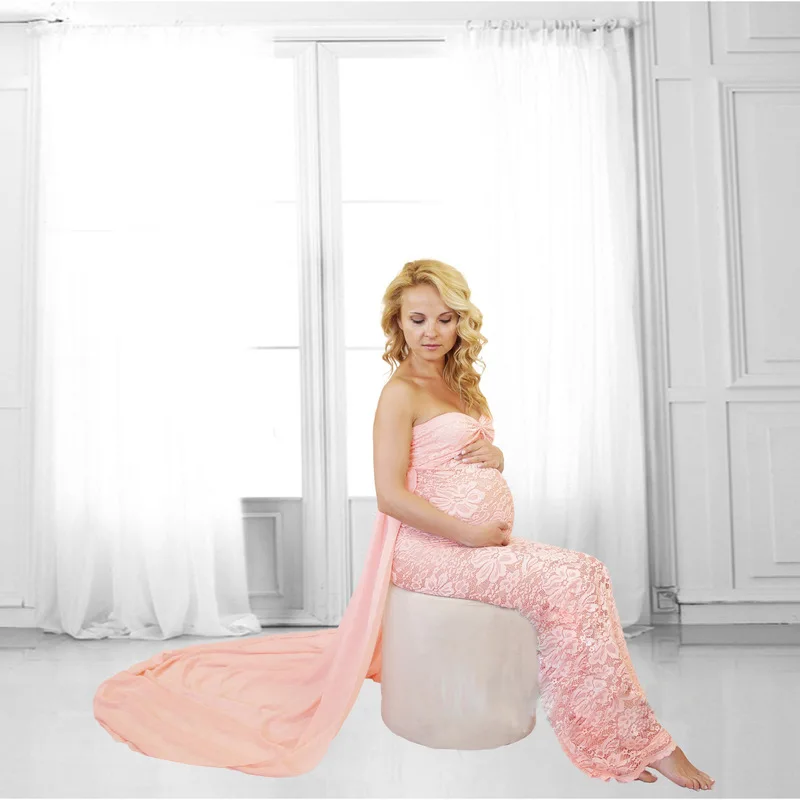 Пикантная Одежда для беременных; платья для фотосессии; кружевная шифоновая женская одежда; платье для беременных; платье без Плеч для беременных - Цвет: Pink