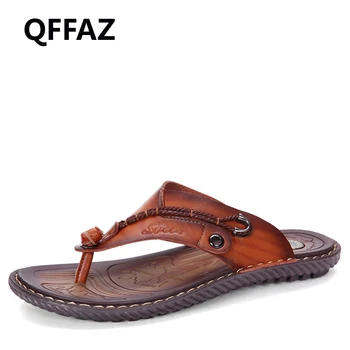 

QFFAZ New Flip Flops sandals men leather Soft Comfortable Slippers Beach Men Slipper Summer Shoes Leisure Sandals