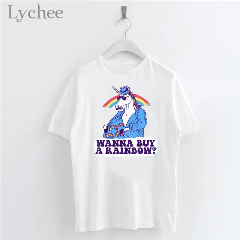 

Lychee Harajuku Gentle Horse Print Women T Shirt Casual Short Sleeve O-Neck White T Shirt Tee Top Female