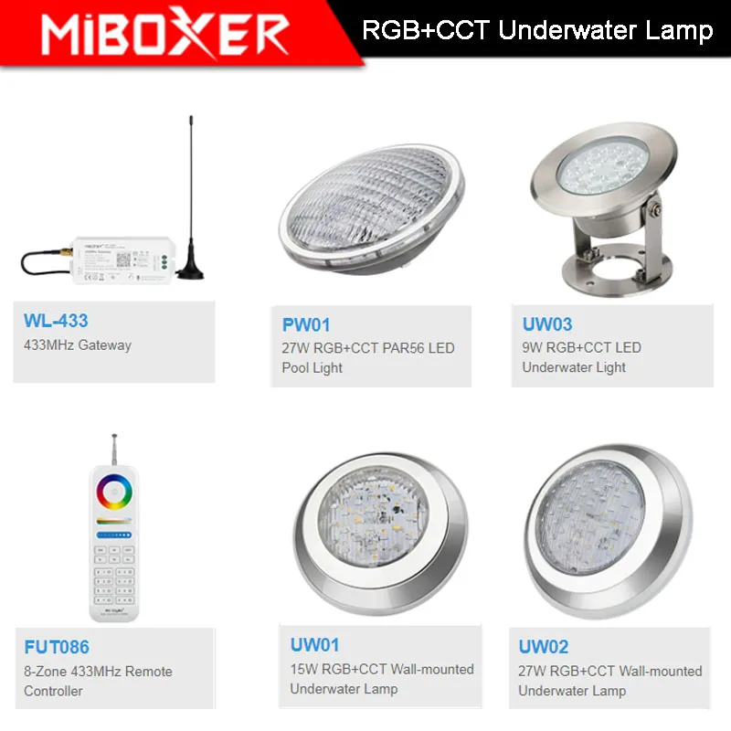 

Milight AC12V/DC12-24V IP68 underwater 9W/15W/27W RGB+CCT Wall-mounted Underwater Lamp 27W PAR56 LED Pool Light;433MHz Gateway