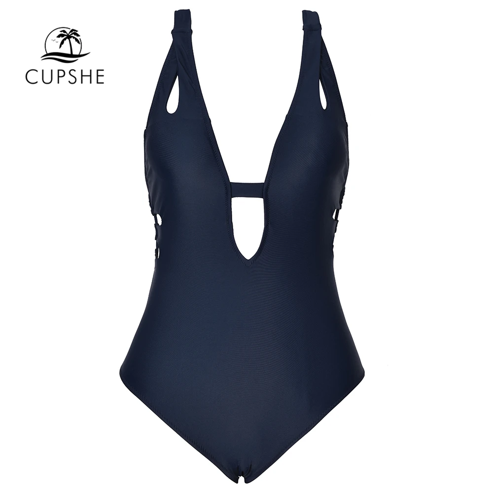 CUPSHE, темно-синий, крест, сплошной, Цельный купальник для женщин, глубокий v-образный вырез, открытая спина, сексуальный Монокини,, X-back, купальник