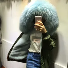 Newest comfortable zipper fur hooded coat winter flight coats Light blue fur inside bomber jacket
