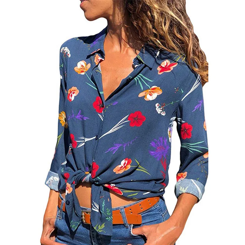 New Women Summer Blouses Vintage Floral Blouse Long Sleeve Shirt Woman Camisas Femininas Female Tops Blue Fashion Chiffon Shirts