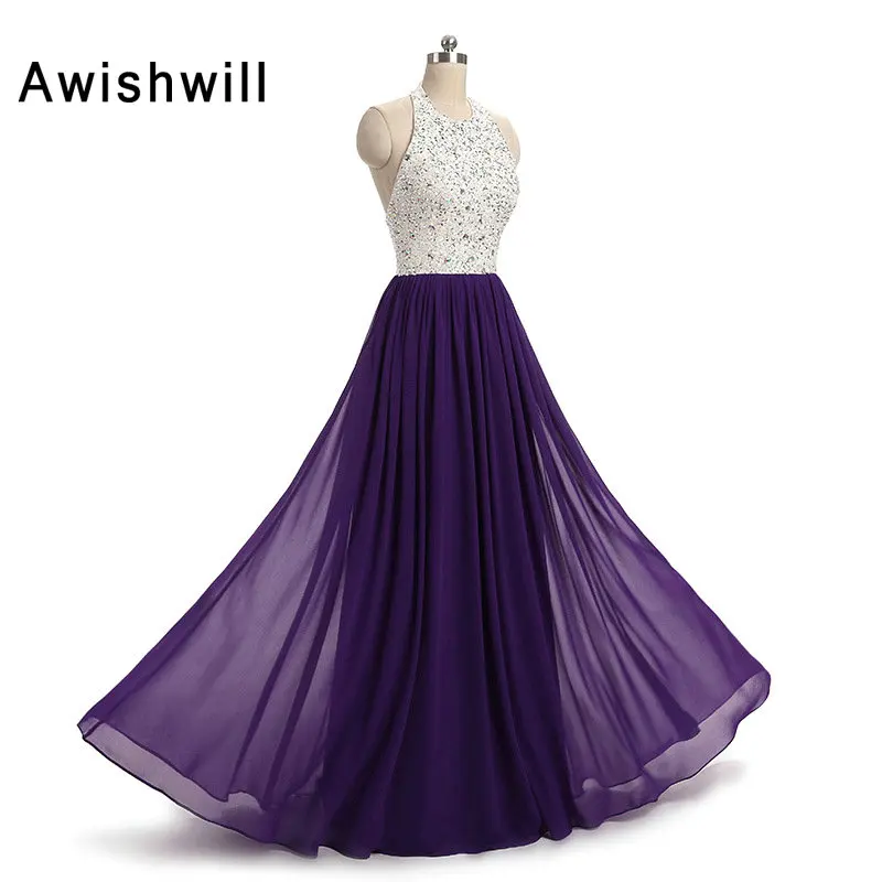 Real Pictures Long Evening Dress Purple Halter A-Line Beadedings Sequined Floor Length Chiffon Formal Party Gown | Свадьбы и