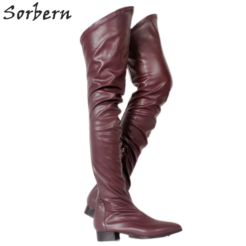 Sorbern Wine Red Zapatos De Mujer Europeos Flat Heels Over The Knee Boots Round Toe Womens Shoes Size 10 Booties Womens Shoes