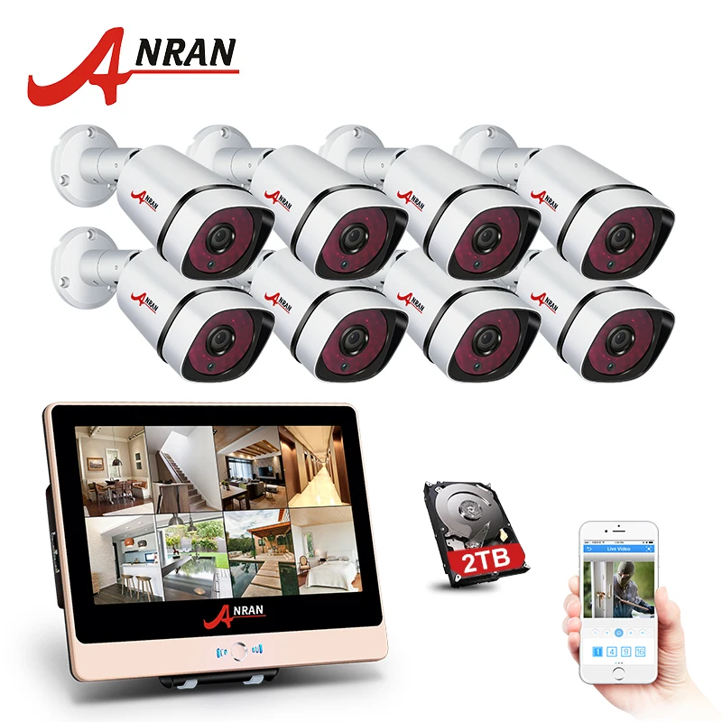 

ANRAN New Arrival! 8CH Plug And Play 2.0MP POE NVR CCTV Kit+12"LCD&1080P HD Outdoor+Indoor IR POE Security Camera System+2TB HDD