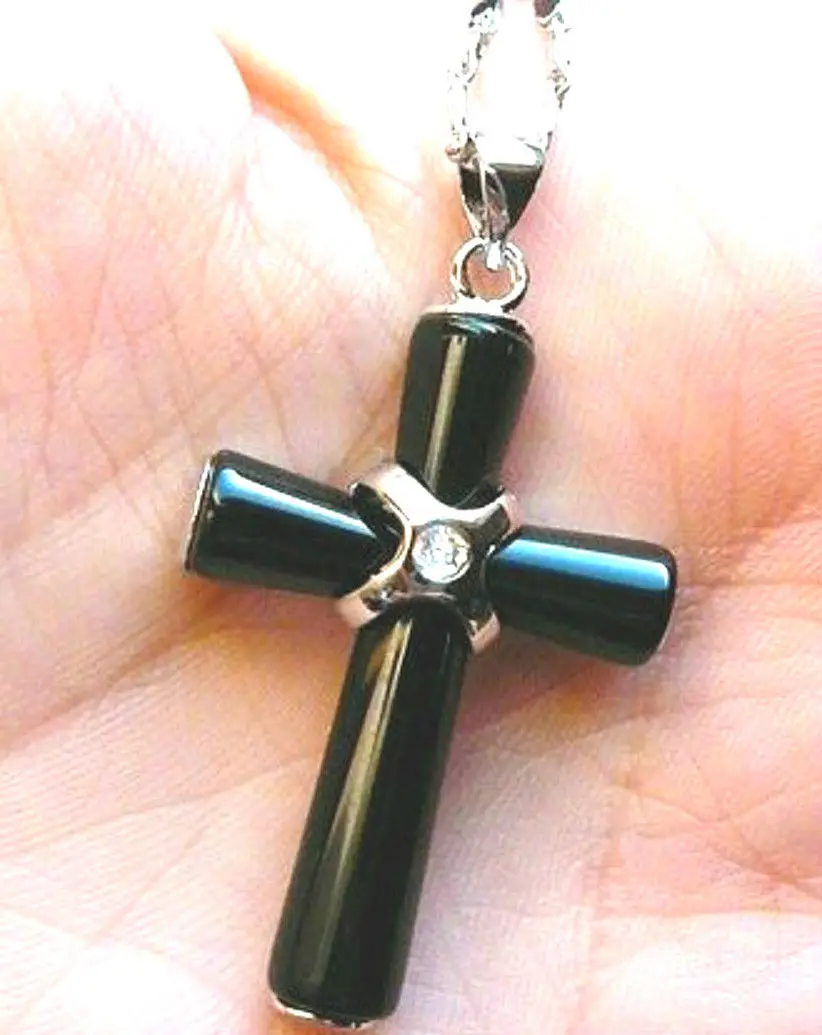 

Free shipping Wholesale Cheap White GP Genuine Jet Black Onyx & Crystal Cross Pendant Necklace / Shipping