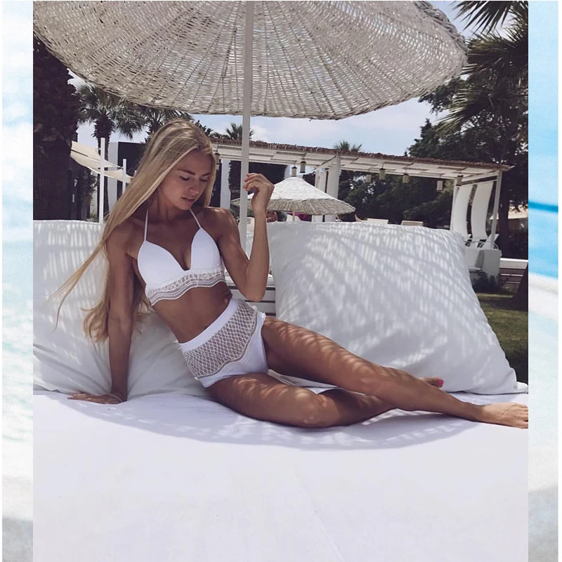 2018 V Neck Bikini Set Mesh Waist White Retro Lace Swimwear Women Solid Push Up Beachwear Wholesale |