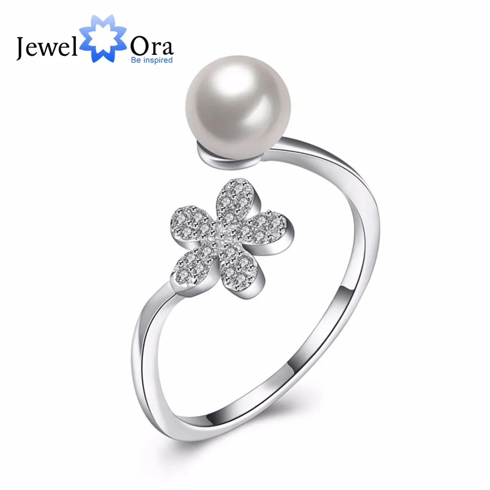 Simulated Pearl Jewelry Guarantee 925 Sterling Silver Ring Cubic Zirconia Adjustable Rings For Women (JewelOra RI102200)