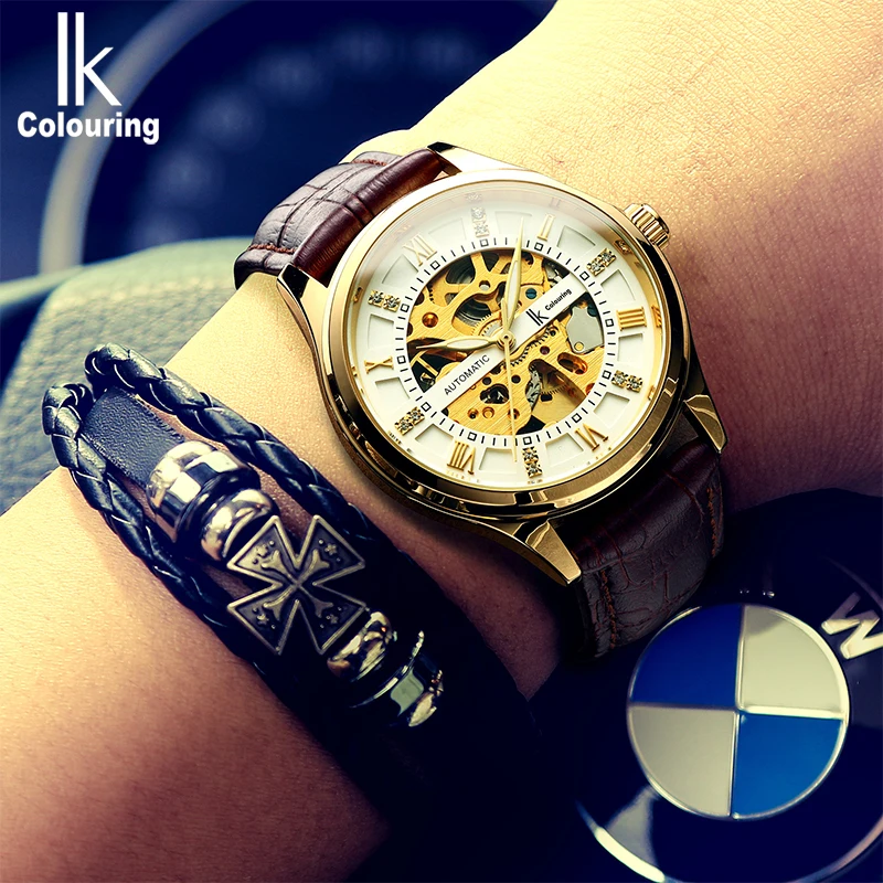IK раскраски для мужчин's деловые часы Autmatic Self ветер кожаный Скелет Wristwathces Montre Reloj