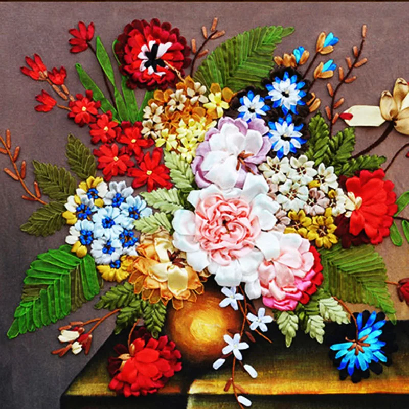 

58X53cm Multi-colored flowers DIY 3d cross stitch kit needlework Unfinished Ribbon embroidery paintingtitching craft gift