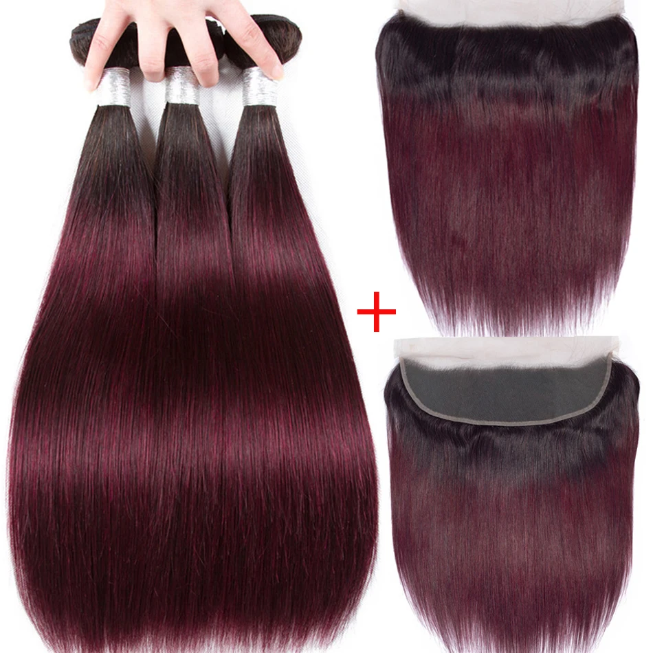 

Aplus Peruvian Straight Ombre Bundles With PrePlucked Frontal Closure 1b/99J Two Tone Dark Wine Red Remy Human Hair