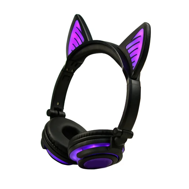 Women Girl Pink Foldable Cat Ear LED Lights Headphones Earphone Glowing