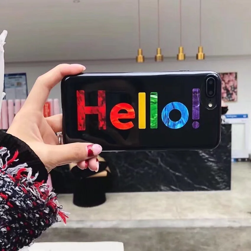 Luxury Rainbow Glitter Phone Case For iPhone 7 8 Plus X  Hello Letter Print Soft TPU Cases Back Cover For iPhone 8 7 6 S Plus  (5)