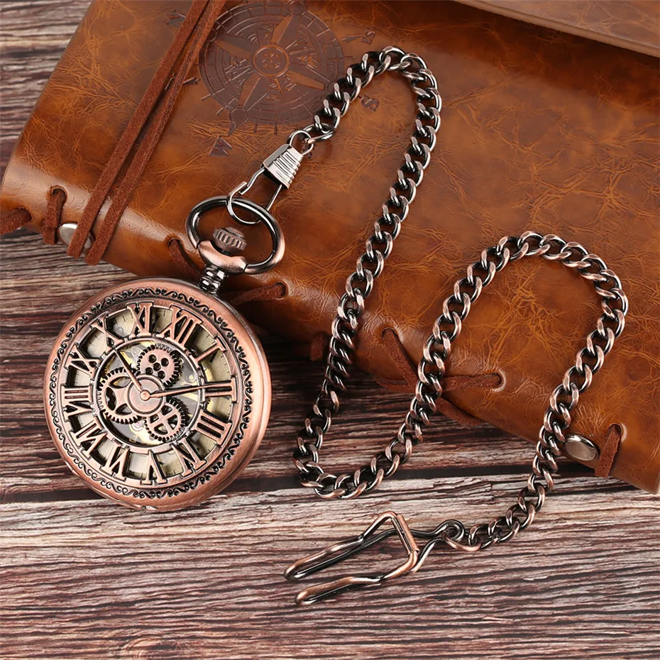 Copper Color Hollow Gear Roman Mechanical Pocket Watch Chain Classic Hand Winding Clock Roman Number Men Women Children Clock (11)