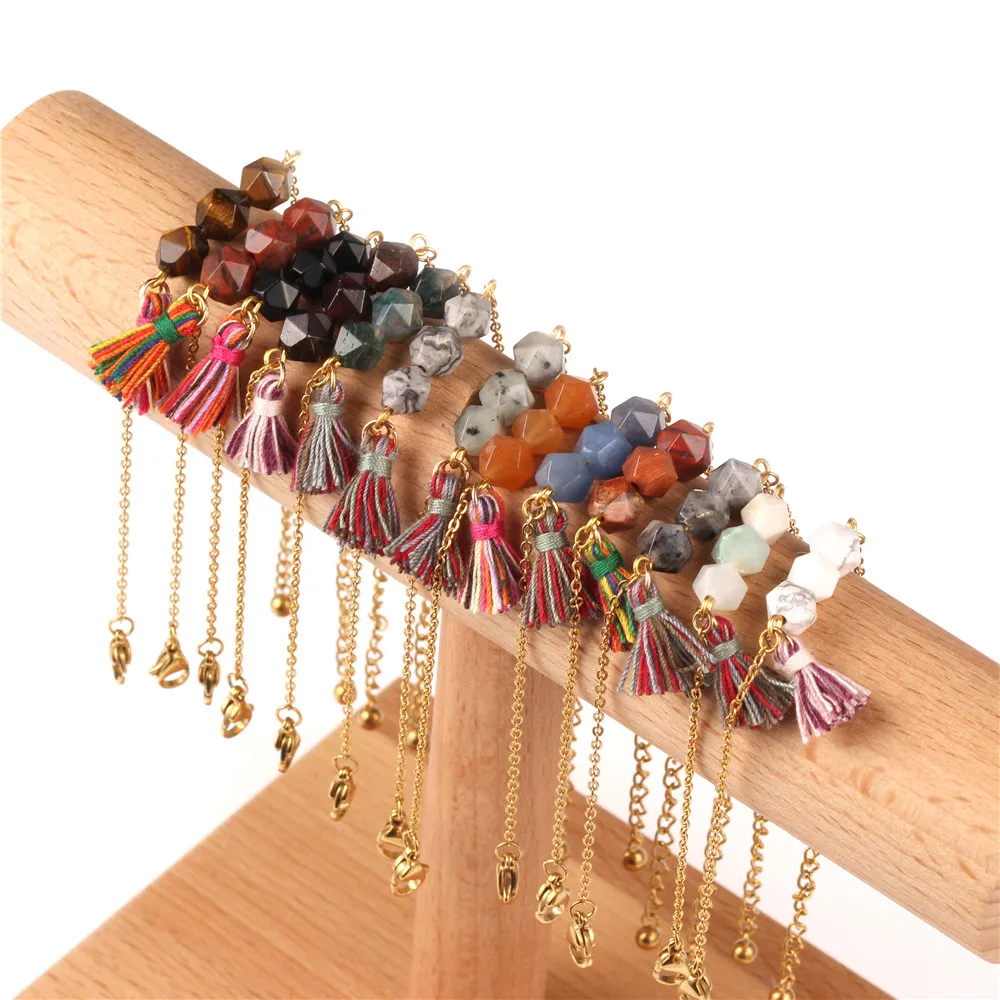 

Facted Semi-precious Stone Beaded Bracelet Women Gold Sand Tiger Eye Stone Stainless Steel Tassel Bracelets Pulsera Jewelry Gift