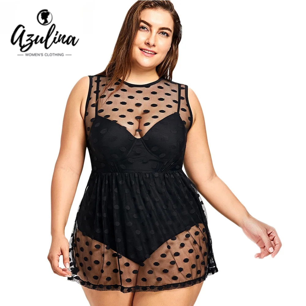 AZULINA Plus Size Swimwear Polka Dot One Piece Swimsuit Vintage Swimwear Women Push Up Bathing Suit Retro Large Size Swimsuit chic plus size halter polka dot pattern two piece swimsuit for women