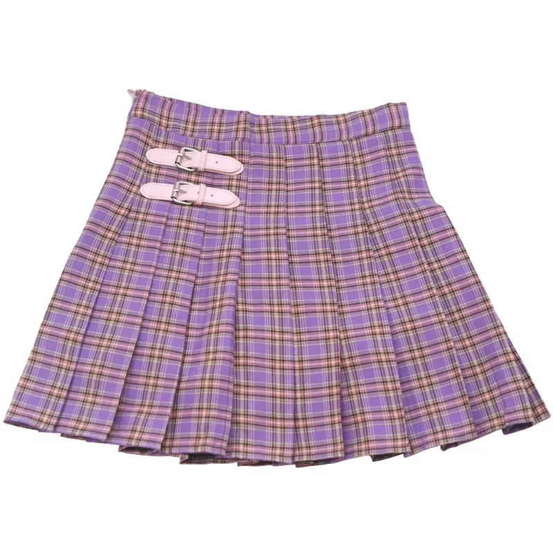 2018 Новая Осенняя юбка Женская Студенческая Милая фиолетовая плиссированная юбка Свободная Высокая талия Harajuku клетчатая кожаная юбка с