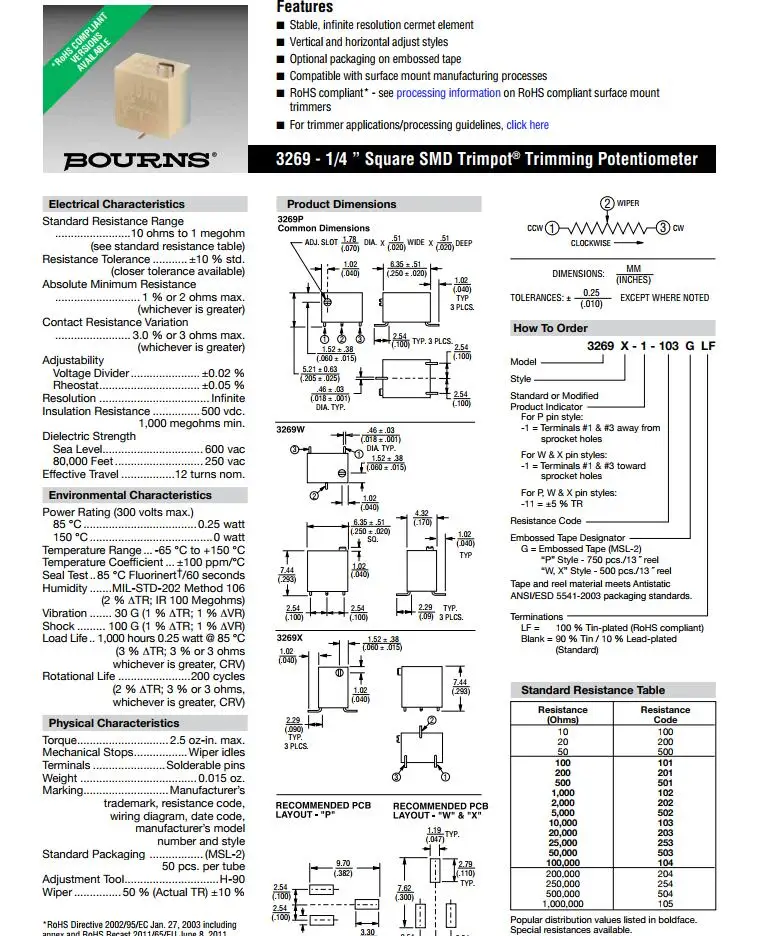 100% Оригинальный 3269 W 202 502 103 203 503 204 105 205 SMD Square подстроечный потенциометр для обрезки для Bourns x 100 шт