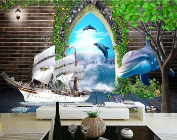 

Custom 3d photo wallpaper 3d wall murals wallpaper mural Ocean sailing dolphins arch picture in picture TV setting wall decor