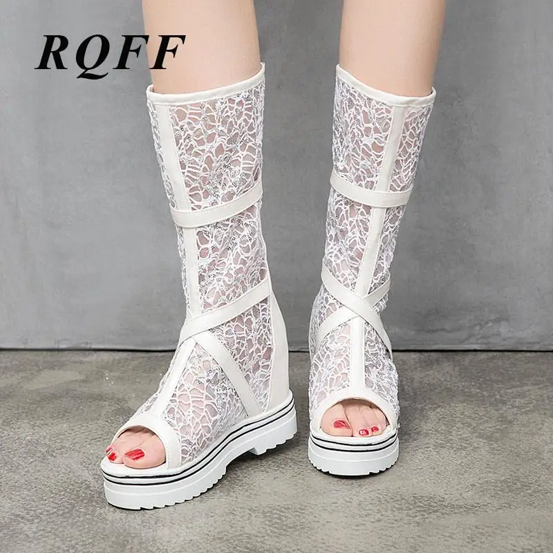 

Women Summer Boots Wedges Platform Handmade Mid-calf Zip Peep Toe Lace Shoes Woman Rome White Pink Black With Sandals Big Size