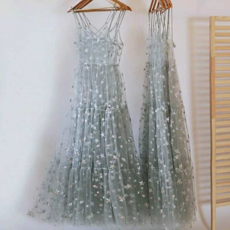 2019 New Arrival Spaghetti Straps Tulle Long Women Dresses Fashion Bling Bling See Through Dress Sexy Fashion Hot
