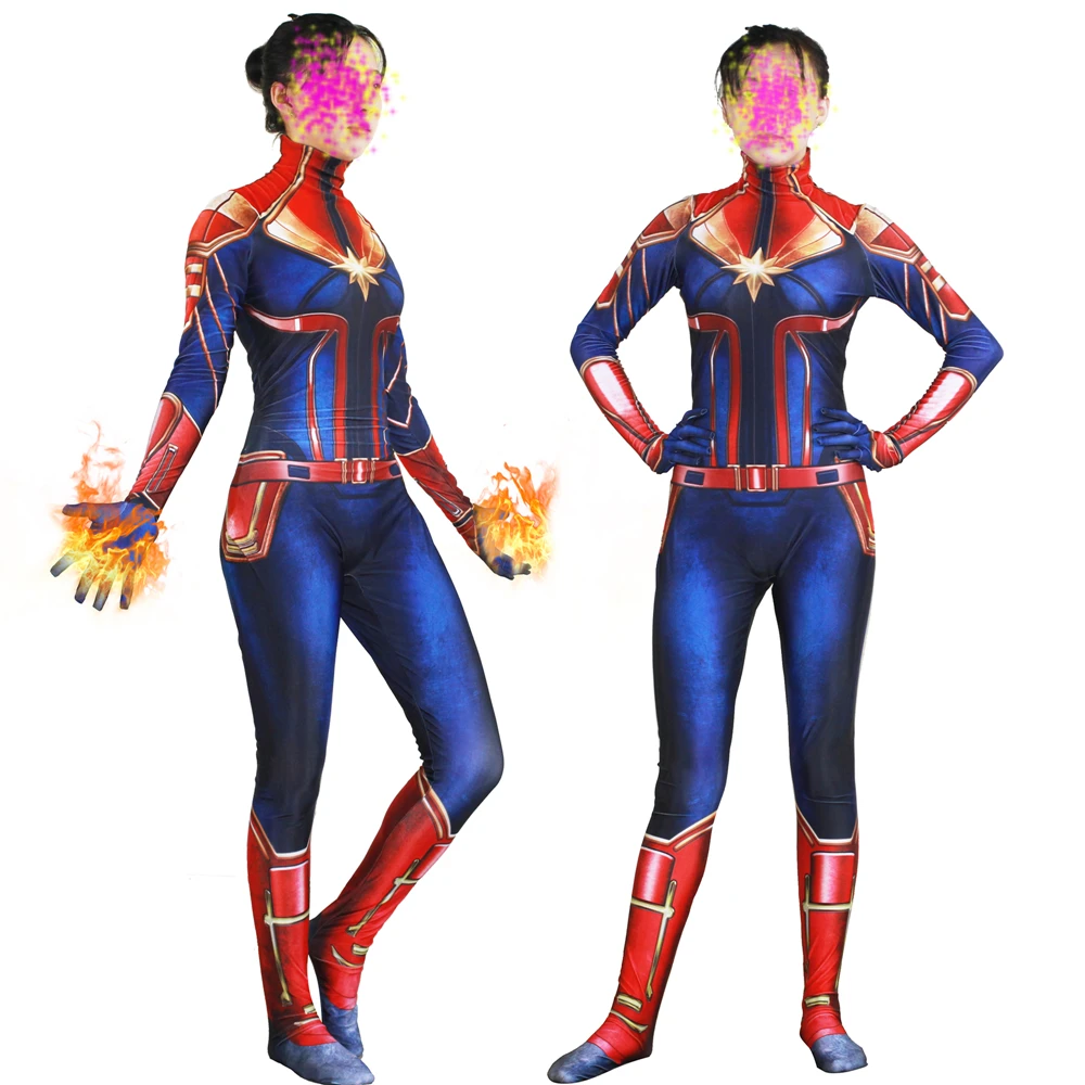 Новый 3D Для женщин девочек экранизации Марвел Капитан Кэрол Дэнверс Костюм зентай для косплея боди супергероя комбинезоны
