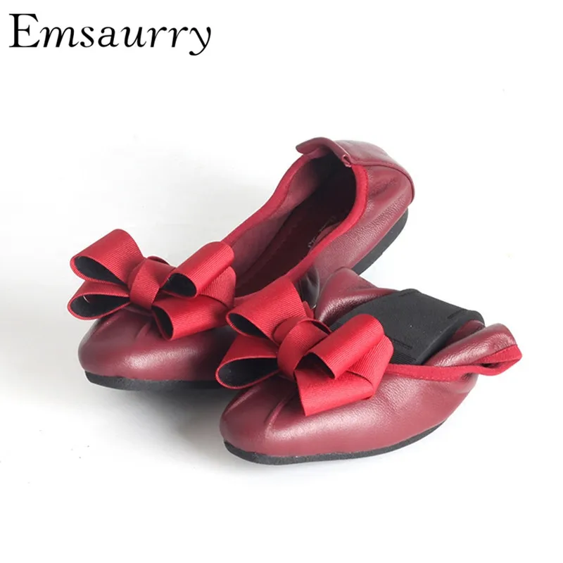 

New Arrival Ballet Flats Quality Leather Slim Egg Roll Shoes Soft Flat Heel Big Butterfly-knot Shoes Woman