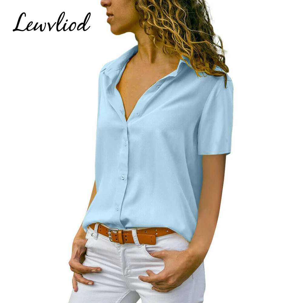 

Office Lady Women's Blouses Short Sleeve Button Solid Casual Women Tops And Blouses Turn Down Collar Loose Ladies Tops Shirts