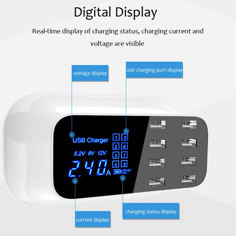 Quick Charge USB Charger For iPhone Xiaomi Samsung Tablet PC 8-Port Fast Charging Smart Charger Adapter Led Display Wall Charger