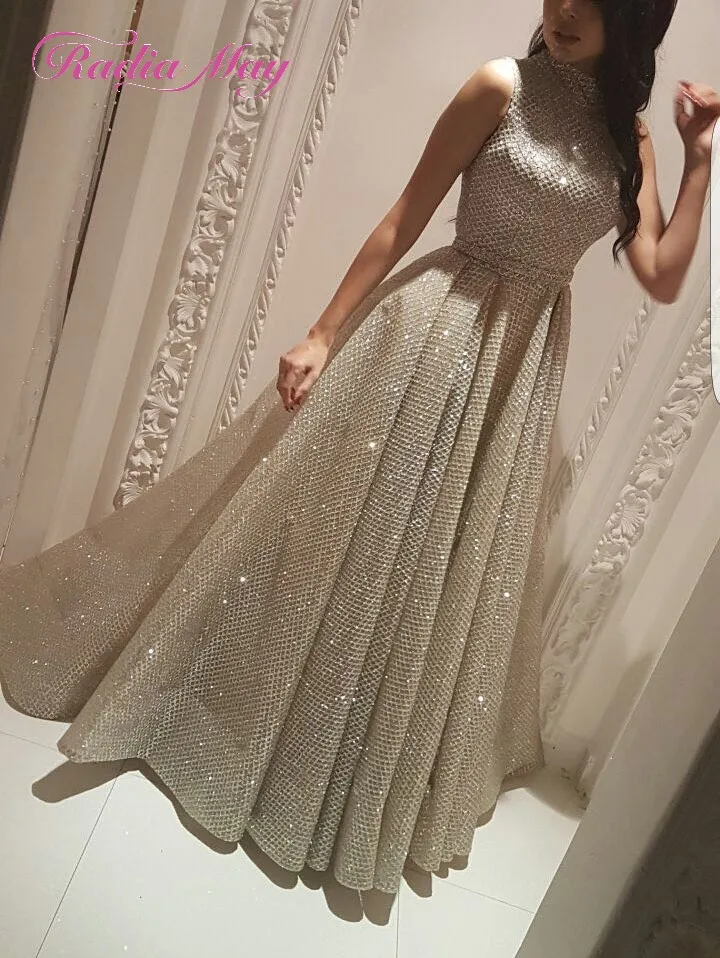 Элегантный Высокий воротник Саудовская Аравия женское вечернее платье блестящие серебряные блестки абайя, кафтан элегантное женское вечернее платье вечерние платья для выпускного вечера