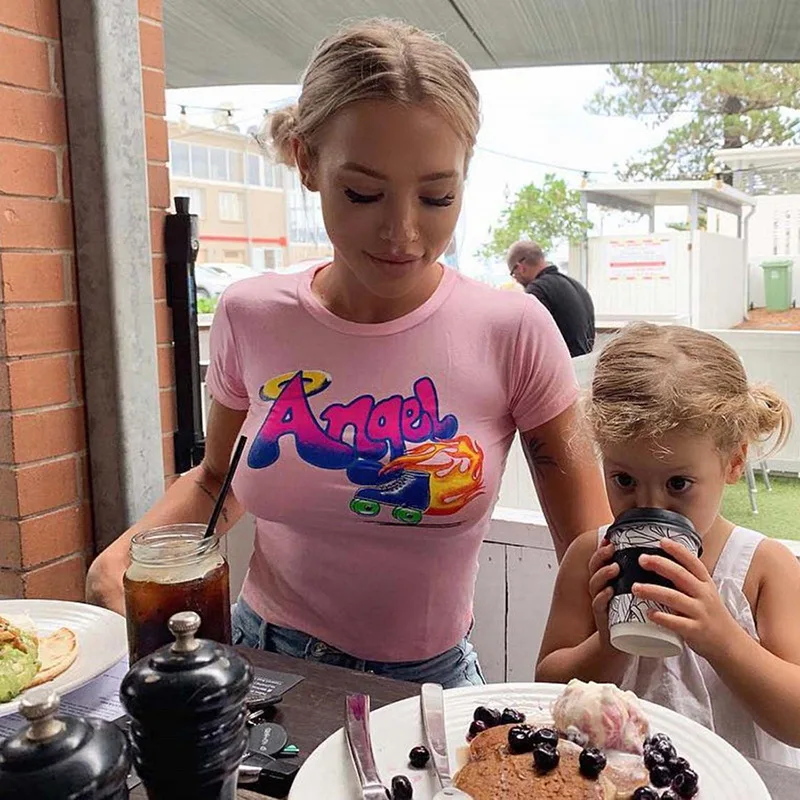 

Angel Letter Print Pink Crop Tops Summer Women New 2019 Short Sleeve O-Neck Skinny T Shirt Fashion Female Streetwear