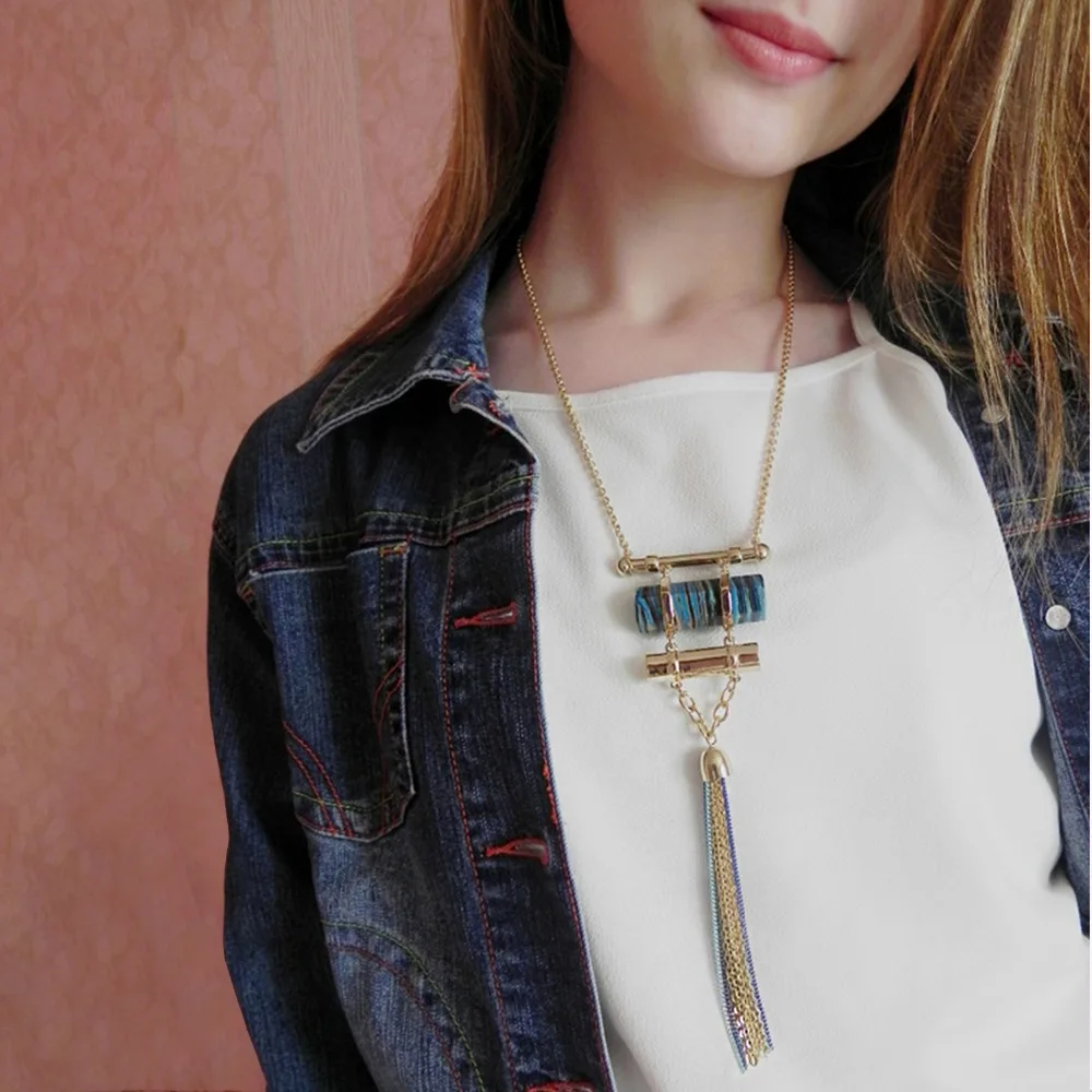 eManco statement long tassel necklace women with stone suspensions pendant geometric bohemian vintage necklace Jewelry 2087