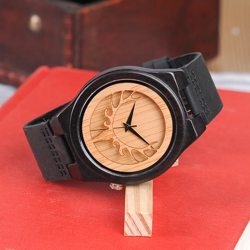 BOBO BIRD Hollow Skeleton Engraved Deer Head Bamboo Wood Watch Japan Movement 2035 Quartz Watch with Leather Strap for Mens