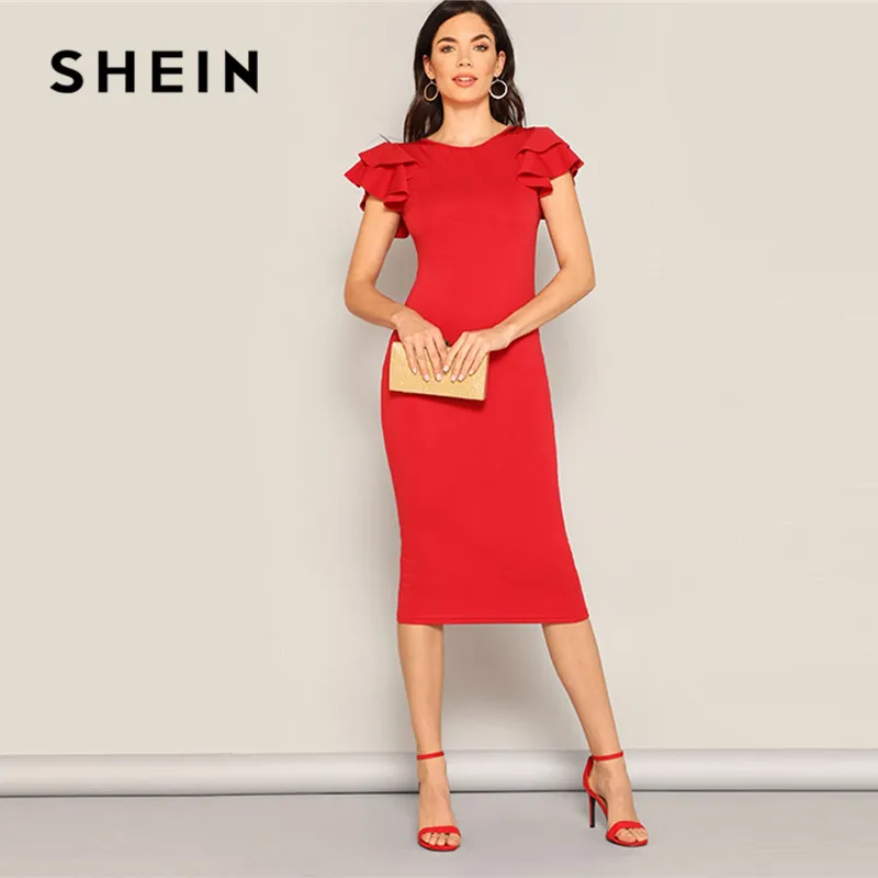 Kopen SHEIN Rode Gelaagde Ruche Mouw Kriskras Terug Bodycon Jurk Vrouwen Zomer Elegante Mouwloze Solid Slim Midi Party Dress