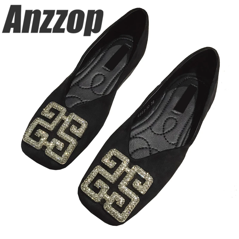 

ANZZOP 2019 new spring suede versatile high-end design rhinestone buckle fashion square head soft bottom shoes flat shoes