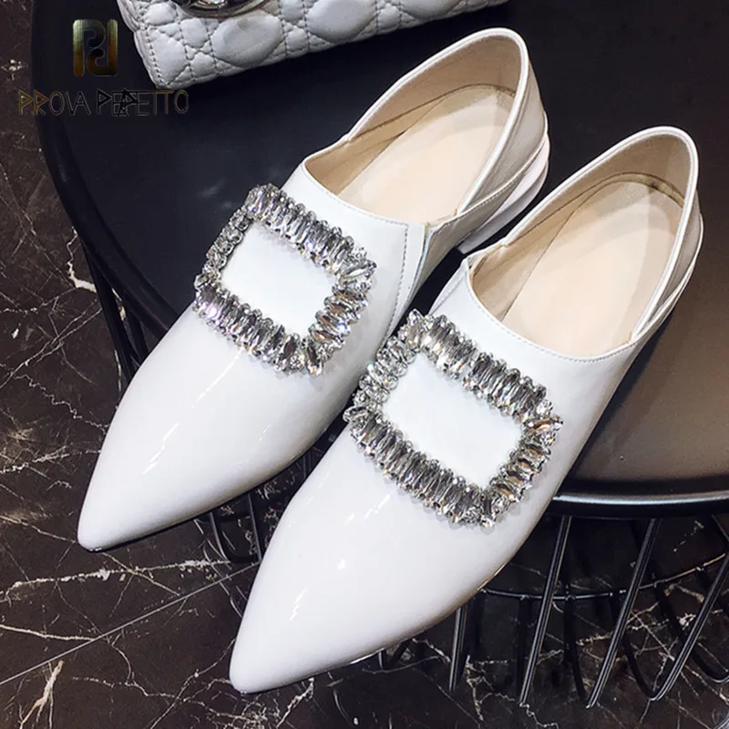 

Prova Perfetto New Style Women Shoes Rhinestone Mules Shoes Woman Genuine Leather Pointed Toe Shoes Slip on Flat Casual Shoes