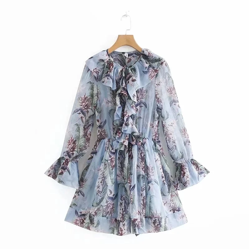 

HK916 New Ladies Floral Print Long Sleeve Front Ruffles Sweet Playsuit Ladies Summer Holiday luscious Playsuits Jumpsuit Overall