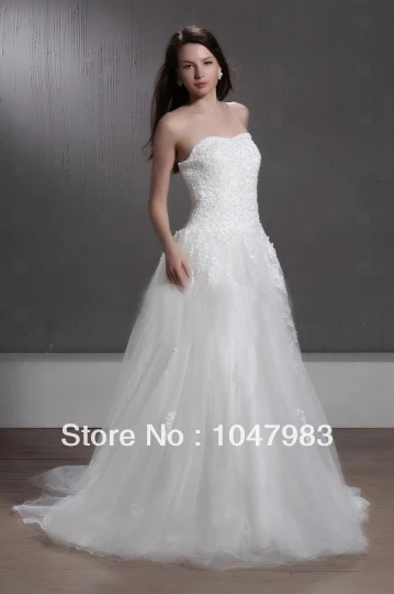 2015 The bestNew Style Free Shipping Hot Fashion Sweet A-line Strapless Zipper-up Tulle Sweep Train Wedding Dresses |