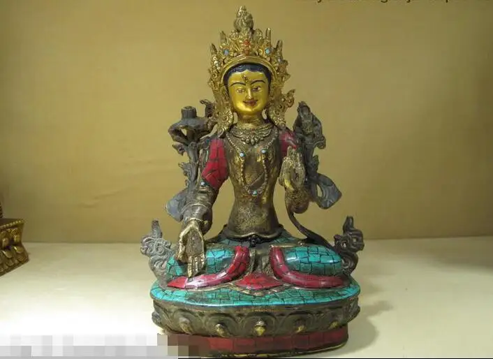 

Tibet Folk Pure bronze Gold Inlay Red Coral Turquoise White TaRa buddha statue