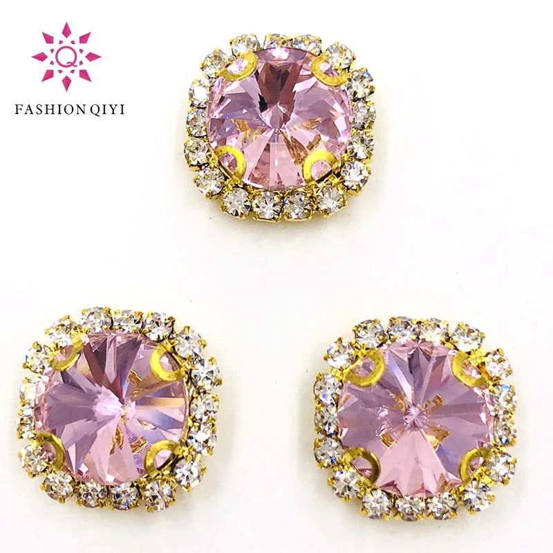 

Factory outlet 10pcs Pink Round shape gold base sew on rhinestones Crystal buckle wedding decoration diy/clothing accessories