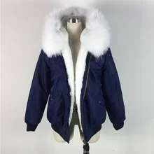 2016 NEW fashion blue bomber jacket white fur inside raccoon fur hood coat winter unisex style zipper outwear