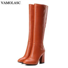 VAMOLASC New Women Autumn Winter Warm Leather Knee High Boots Zipper Square High Heel Boots Platform