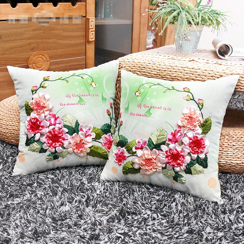2 PCS/SET DIY Ribbon Embroidery Cushion Set Flower Print Pillow Case